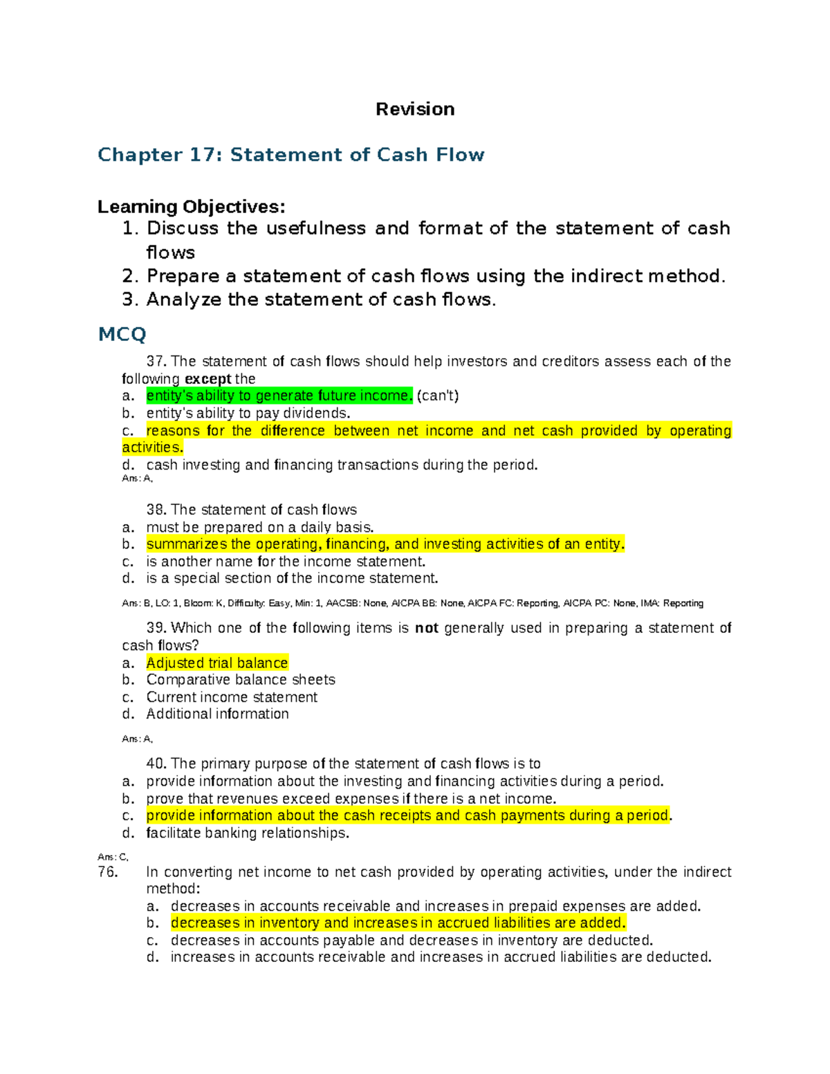 MCQs for Final Test Preparation: PA - Statement of Cash Flow - Studocu