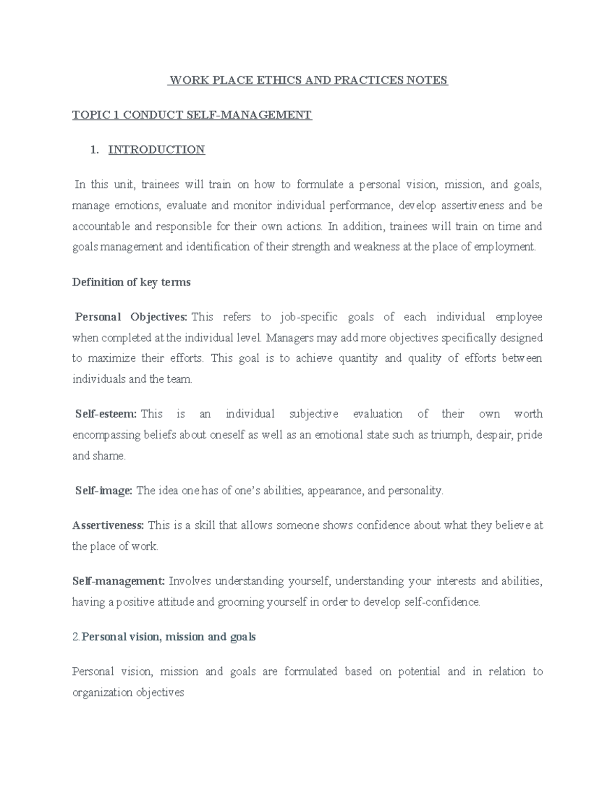 WORKPLACE ETHICS AND PRACTICES NOTES - TOPIC 1: CONDUCT - Studocu