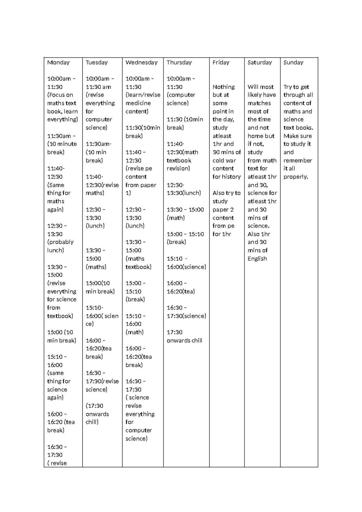Weekly Study Schedule: Focus on Maths, Science, and CS - Studocu