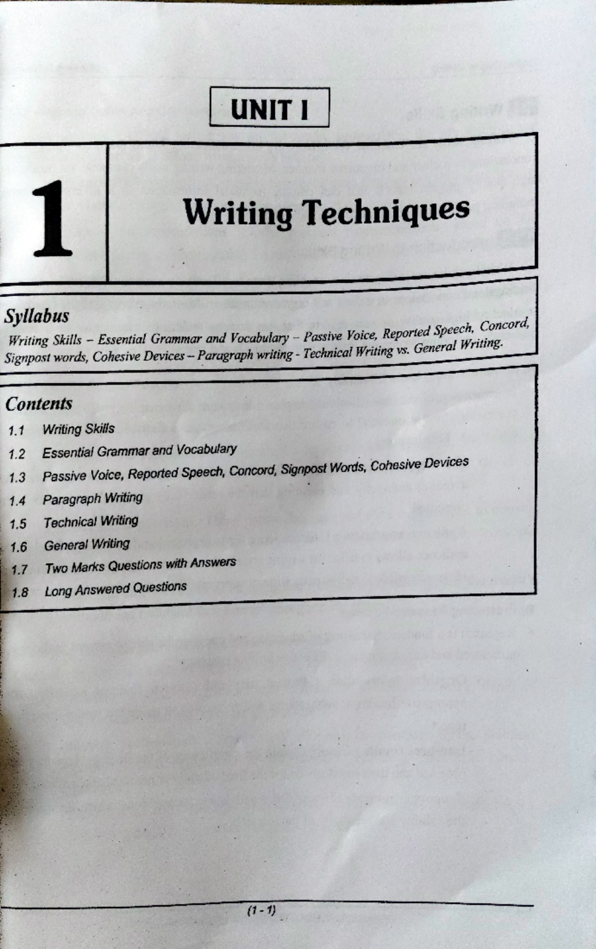 PRW unit 1 - PRW unit 1 notes - UNIT I 1 Writing Techniques Syllabus ...