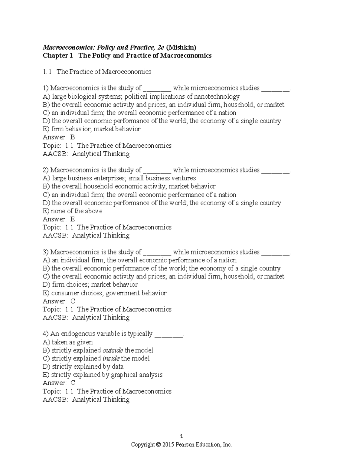 Macroeconomics 2e (Mishkin) Chapter 1 Test Bank: Policy & Practice ...