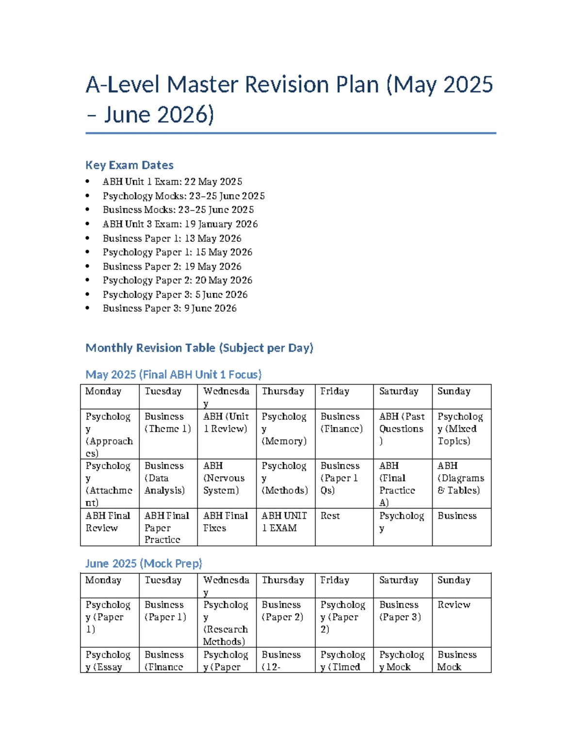 A-Level Revision Timetable: May 2025 to June 2026 Plan - Studocu