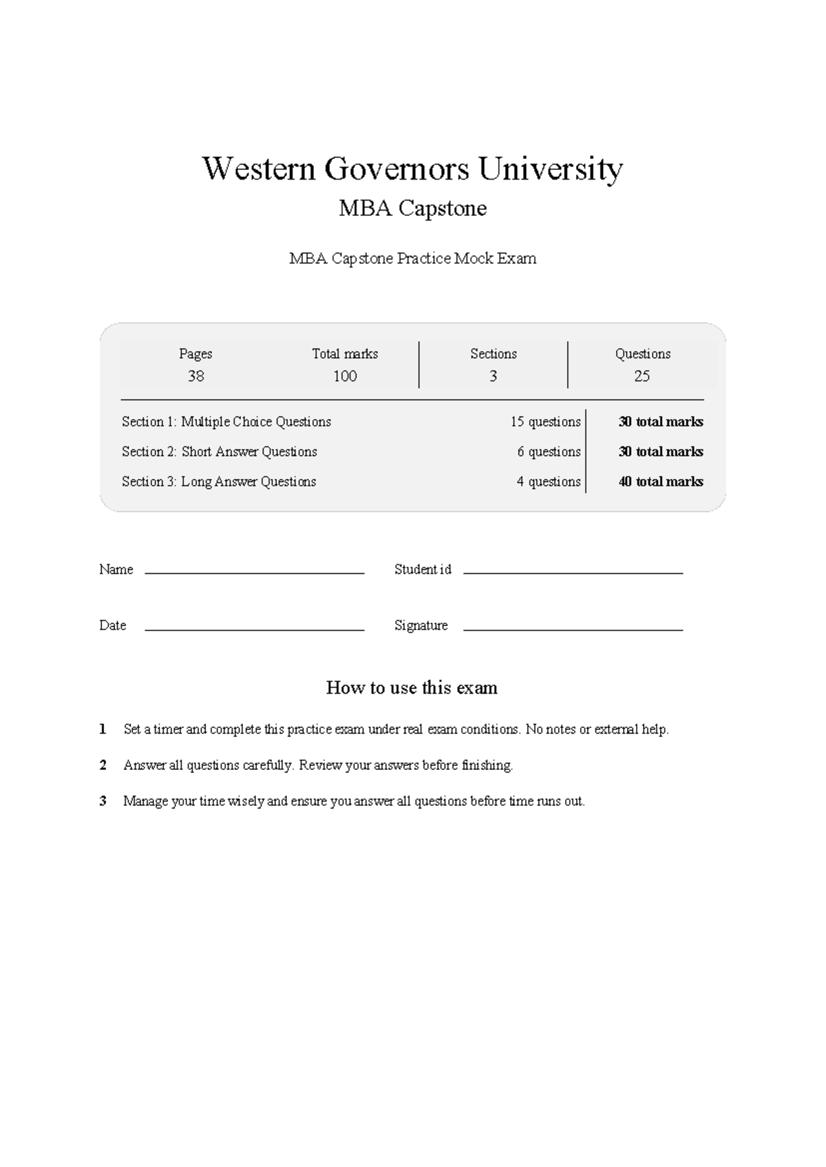 WGU MBA Capstone Practice Mock Exam: Comprehensive Review Guide - Studocu