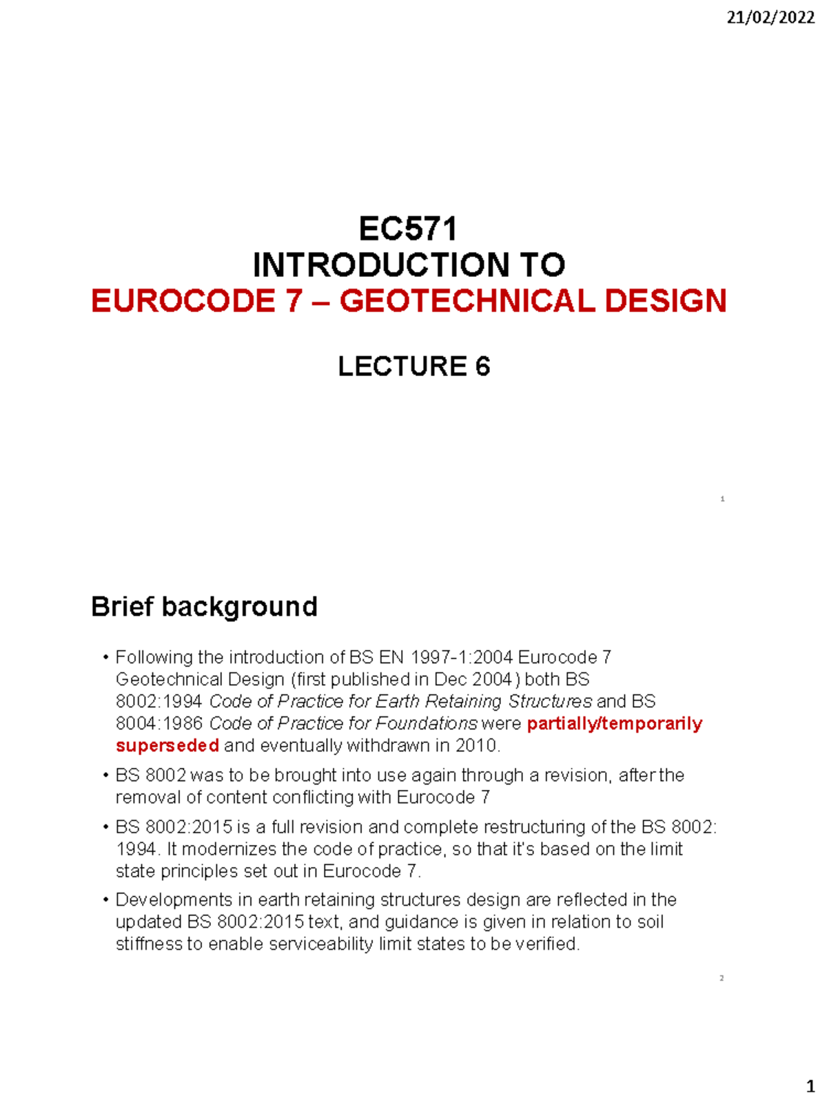 EC571 Geotechnical Design Lecture 6: Eurocode 7 Overview - Studocu