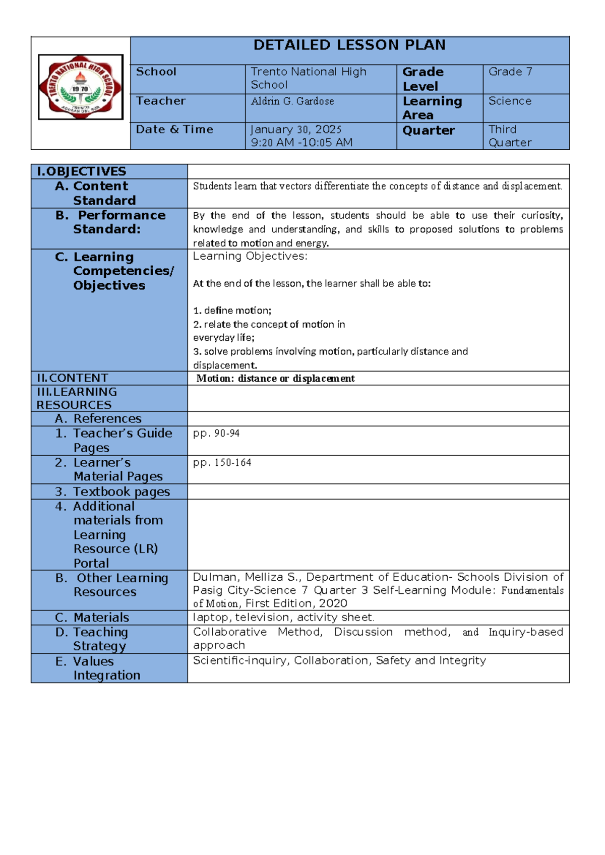 Grade 7 Science Lesson Plan: Understanding Motion, Distance ...