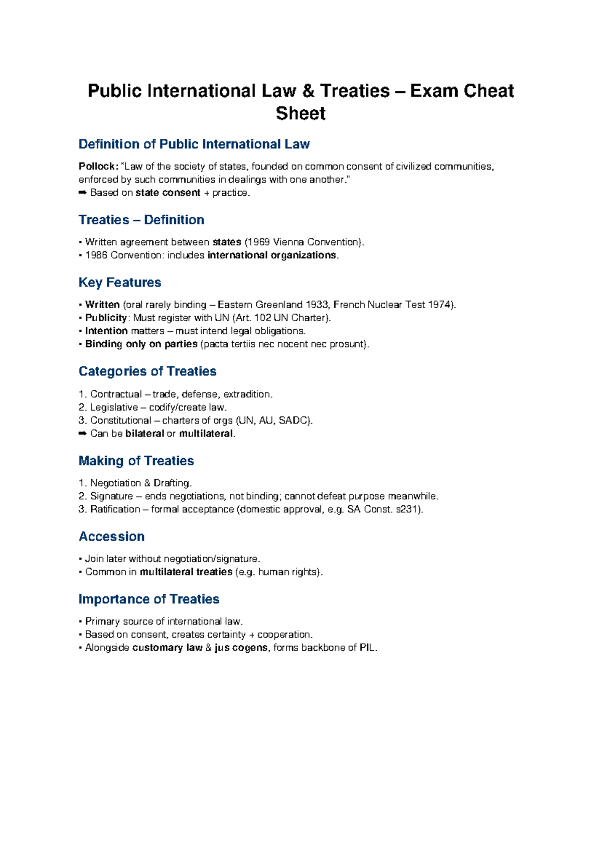 Public International Law (PIL) Treaties Exam Cheat Sheet - Studocu