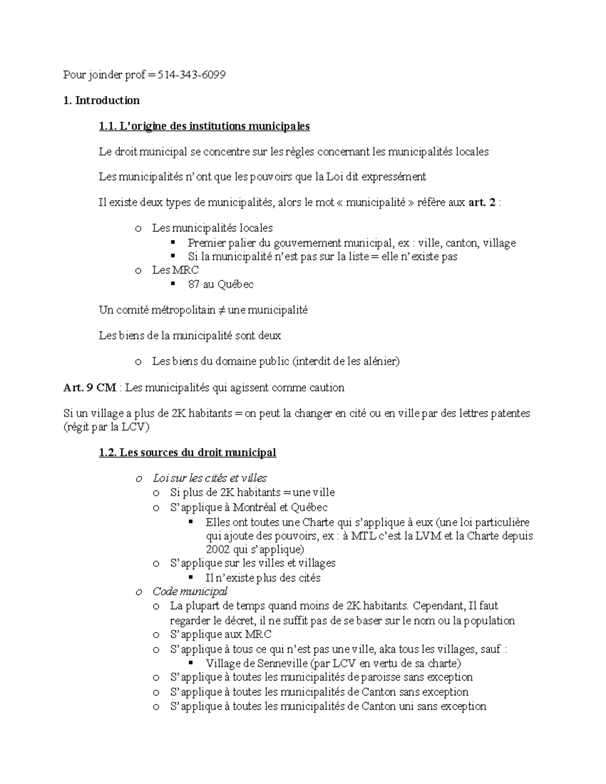 Notes de cours sur le Droit Municipal - Cours 101 - Studocu