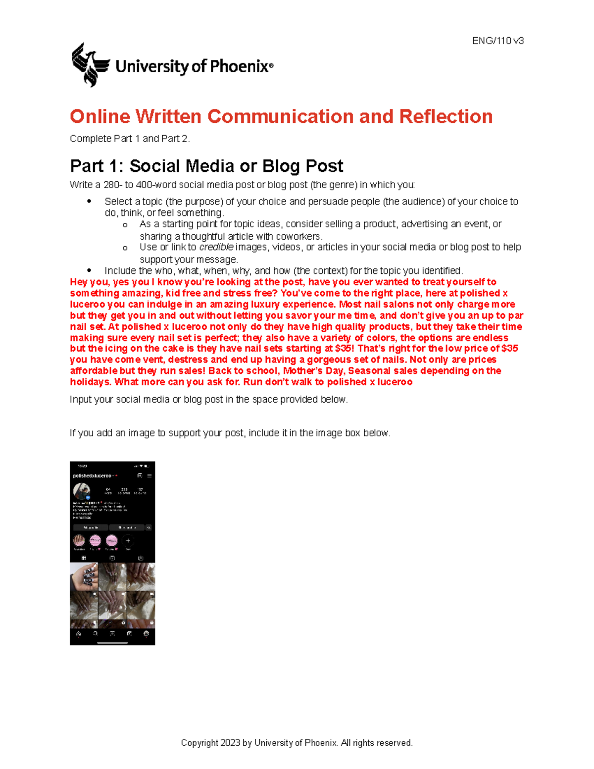 ENG/110 v3 Week 3 Social Media Post & Reflection Assignment - Studocu