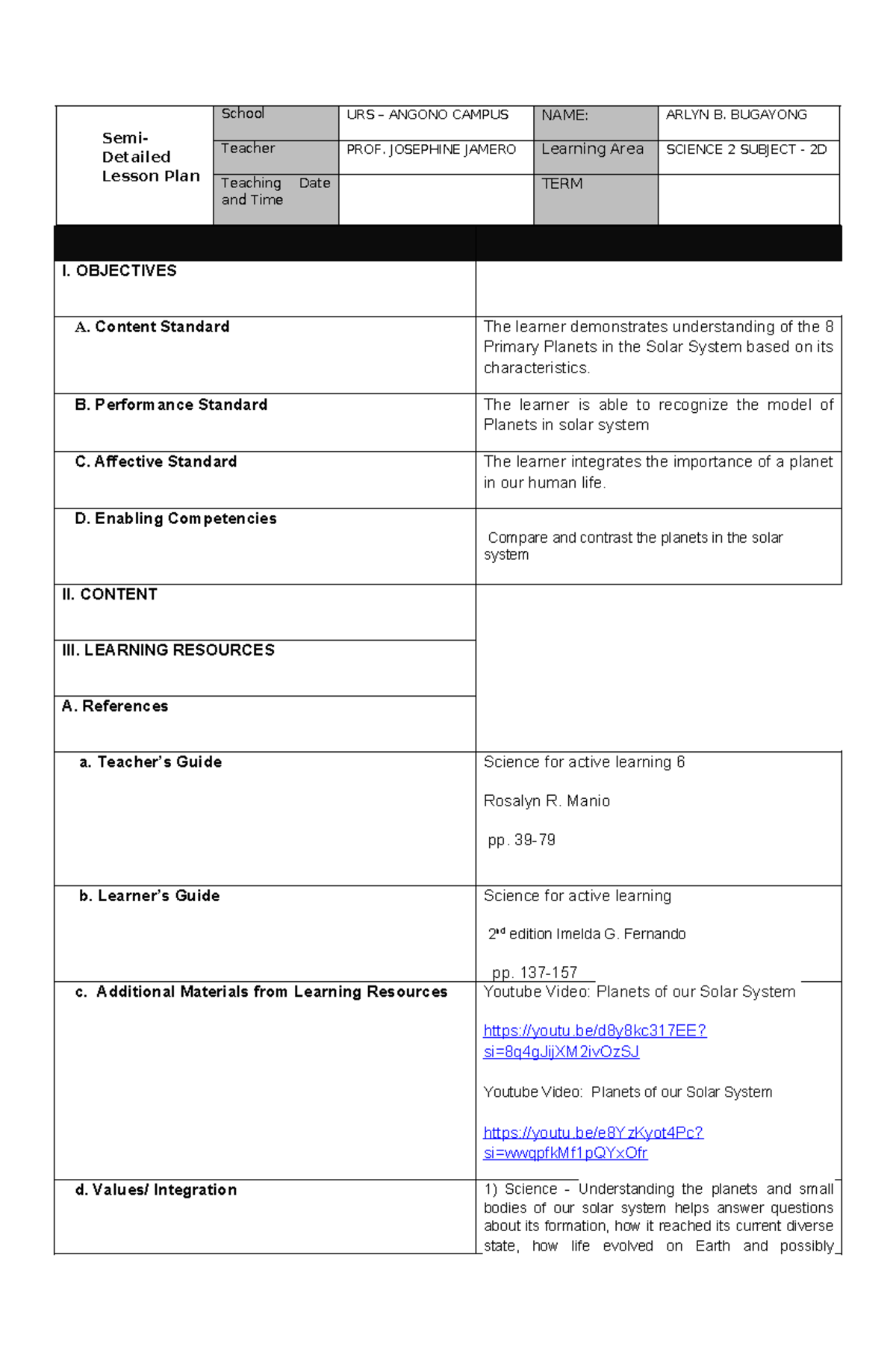 Lesson Plan: Understanding the 8 Primary Planets in SCI 2D - Studocu