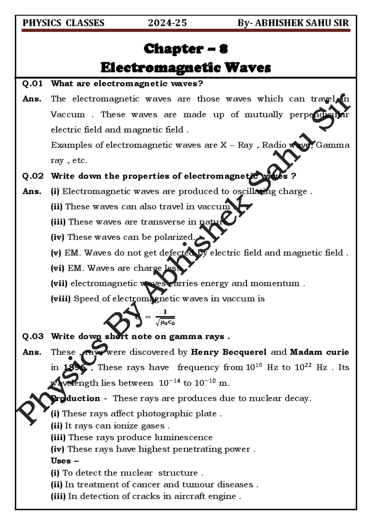 Em wave - Notes - PHYSICS CLASSES 2024 - 25 By- ABHISHEK SAHU SIR ...