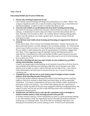 [Solved] Educational Beliefs and Practices Reflection B Include a ...