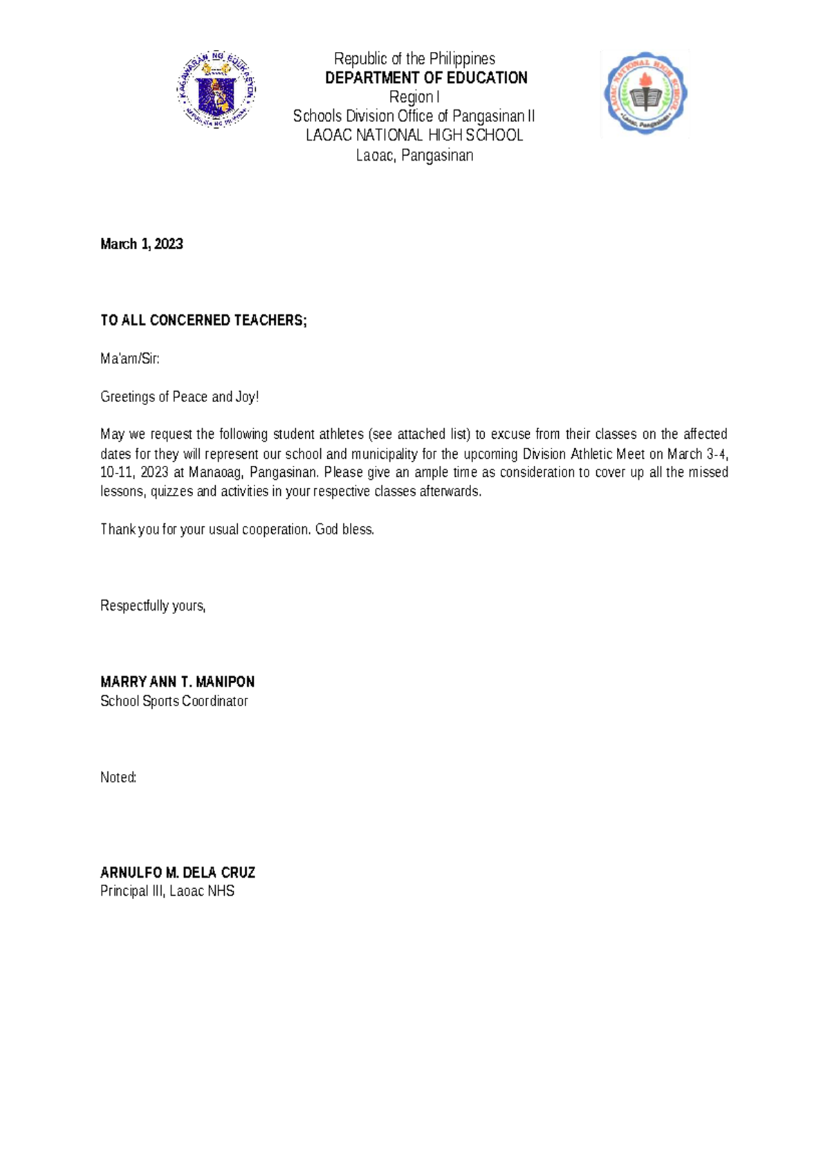 Excuse Letter - Republic of the Philippines DEPARTMENT OF EDUCATION ...