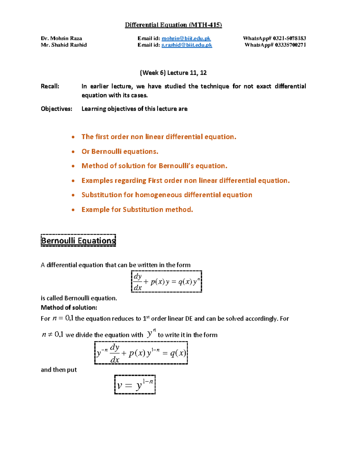 DE WK 6 Lec 11,12 - Differential Equations Lecture Notes - Studocu