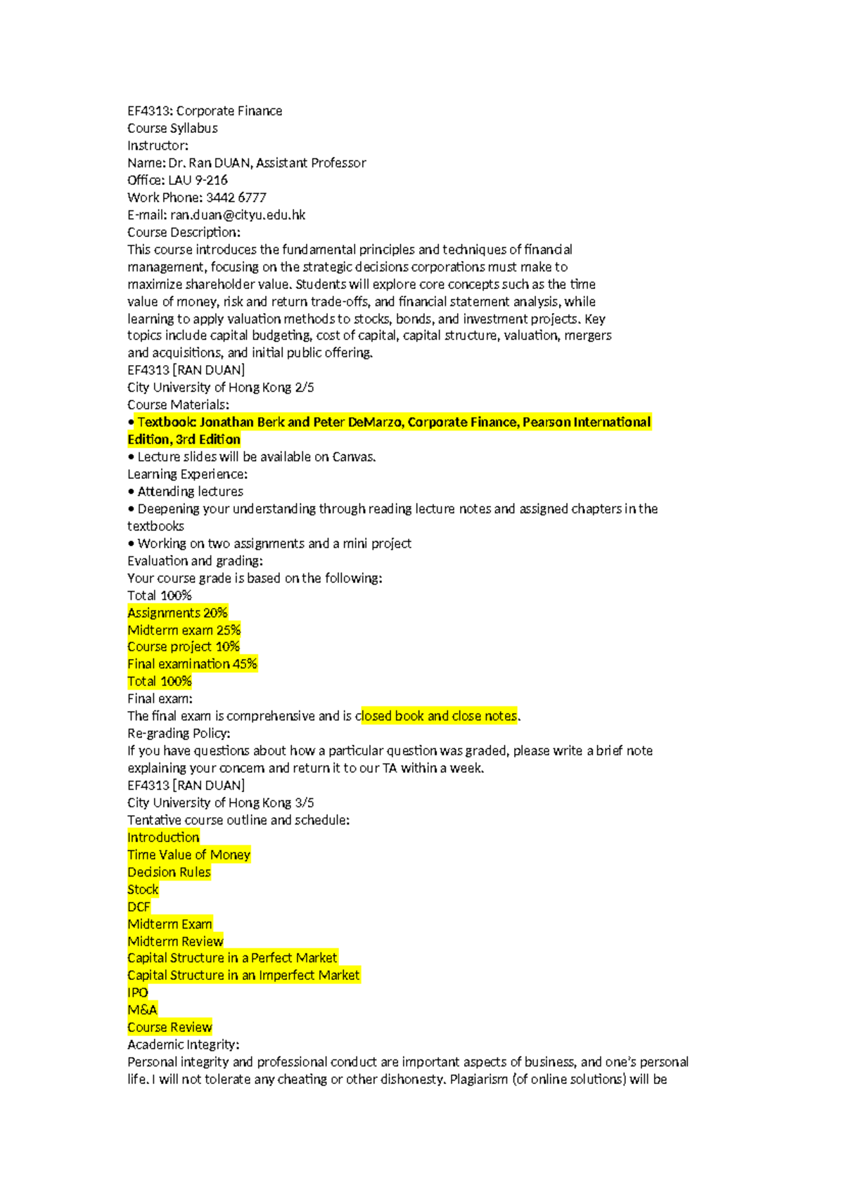 EF4313: Corporate Finance Course Syllabus Overview - Studocu