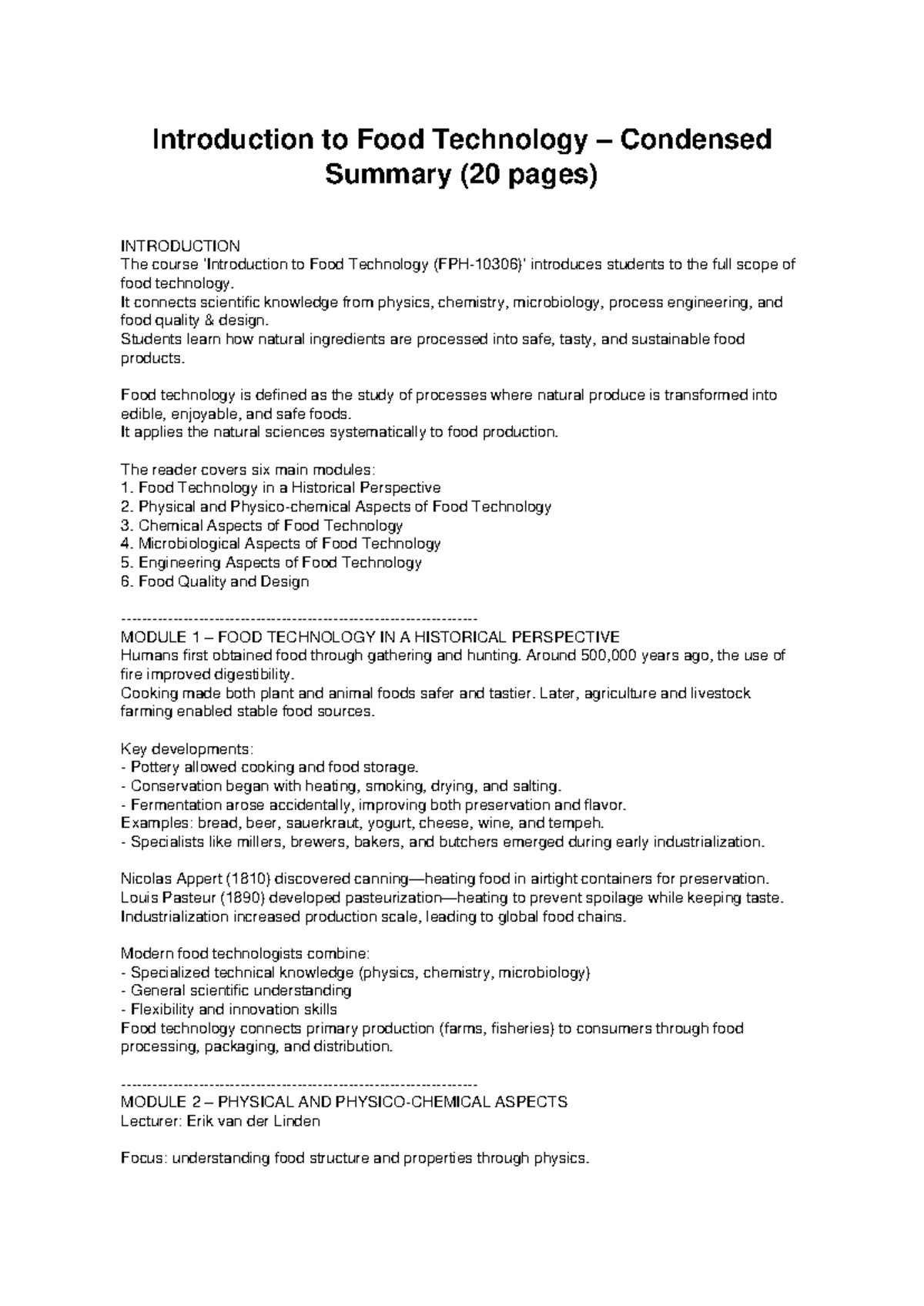 Introduction to Food Technology (FT101) Condensed Summary - Studeersnel