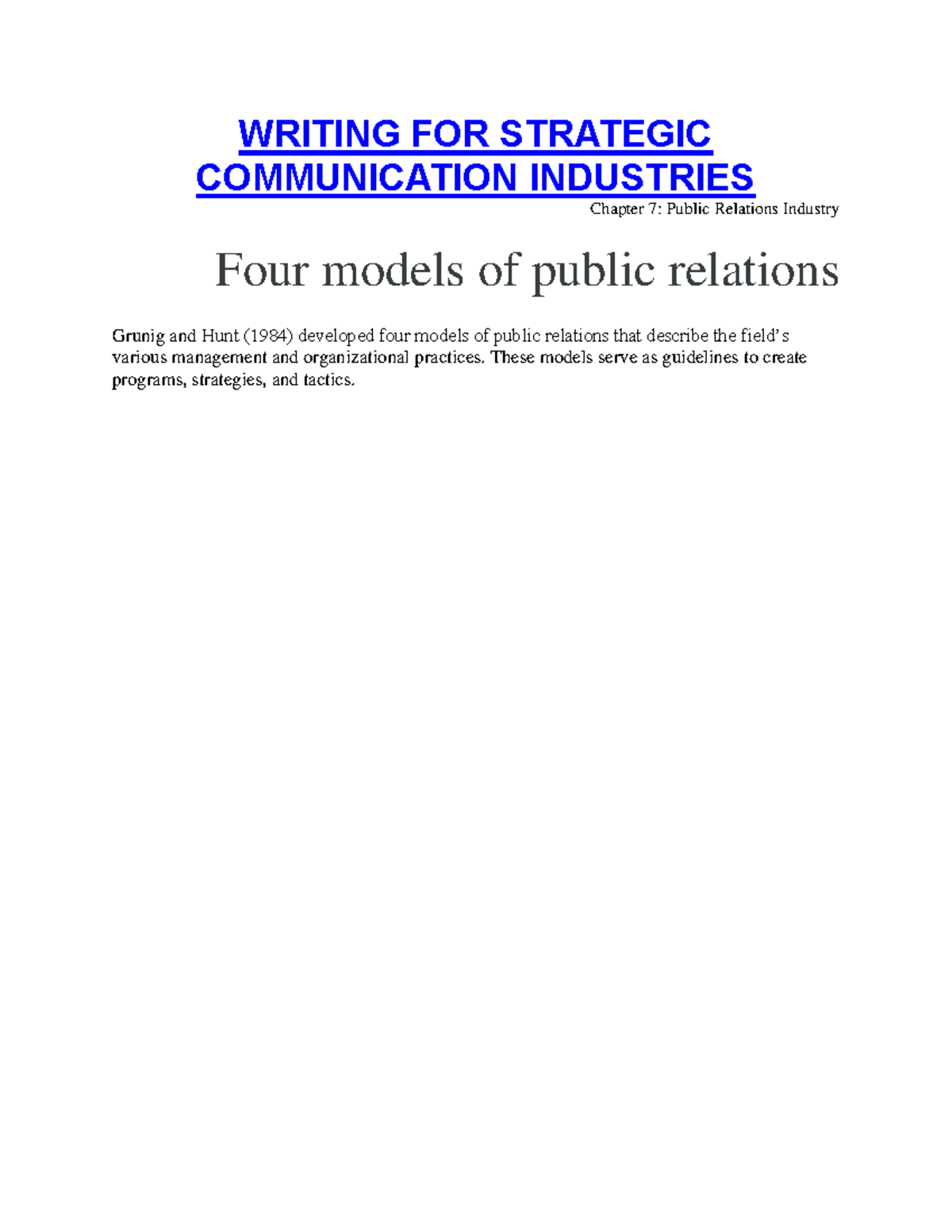 Four Models of Public Relations: Insights for Strategic Communication ...