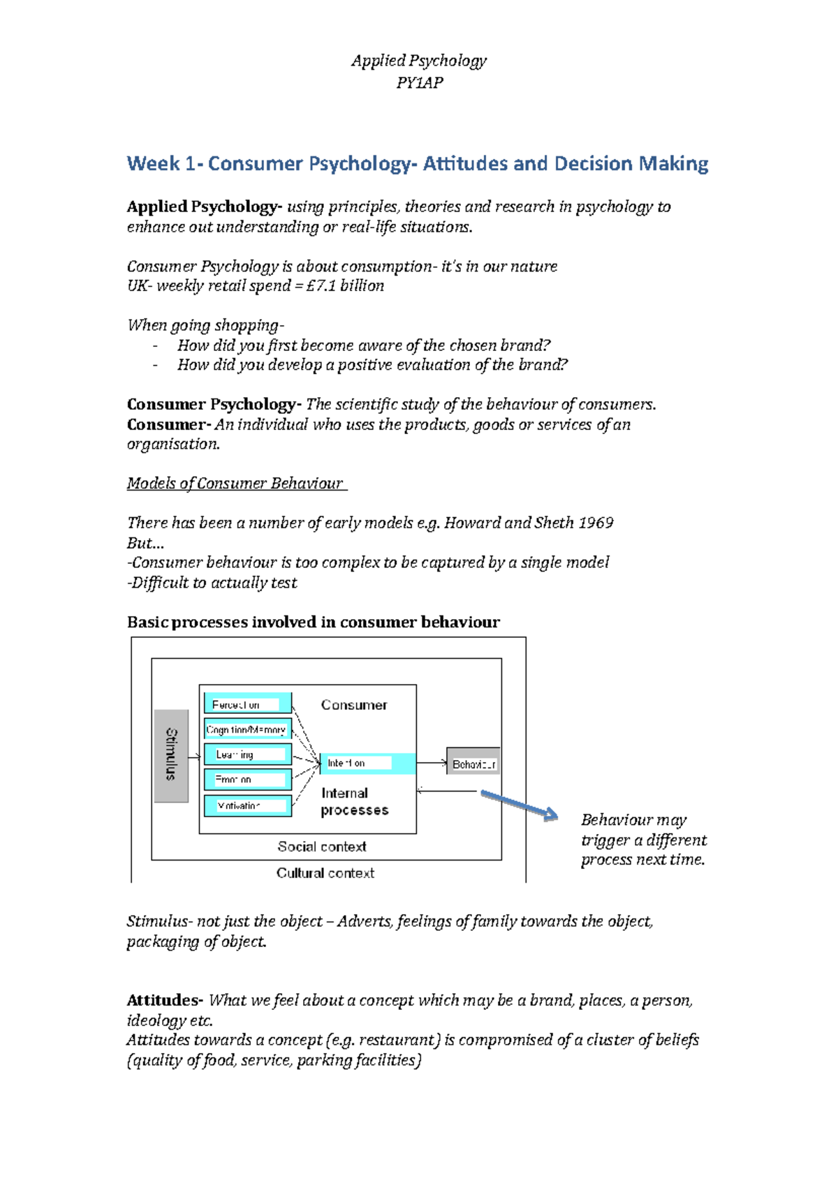Applied Psychology - Lecture Notes on Consumer Psychology PY1AP (Weeks ...