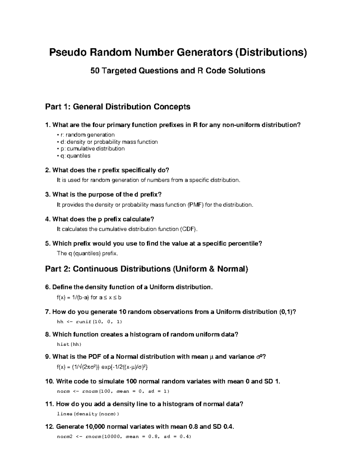 R Questions on Pseudo Random Number Generators & Distributions - Studocu