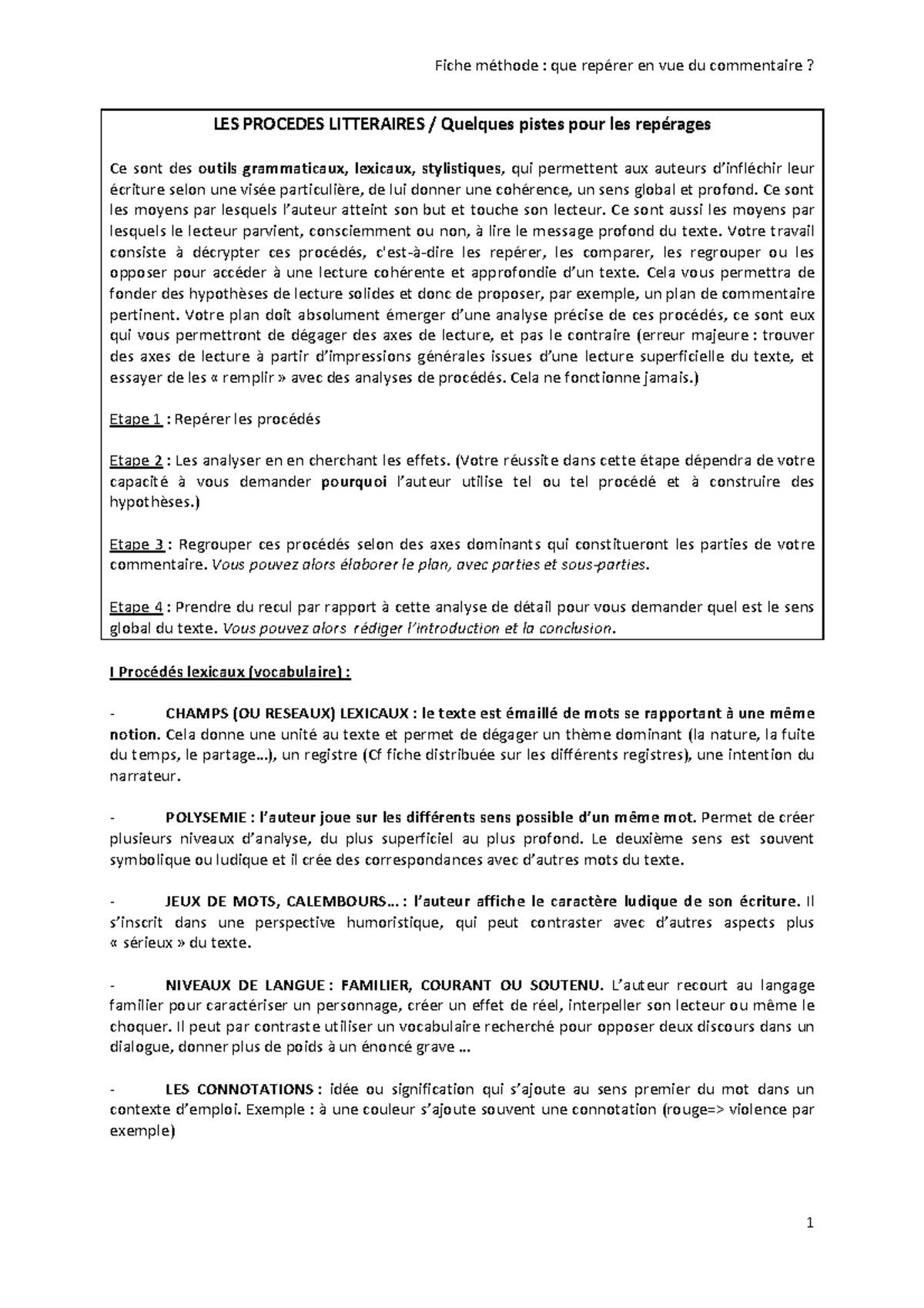Fiche Méthode : Repérage des Procédés Littéraires en Commentaire - Studocu