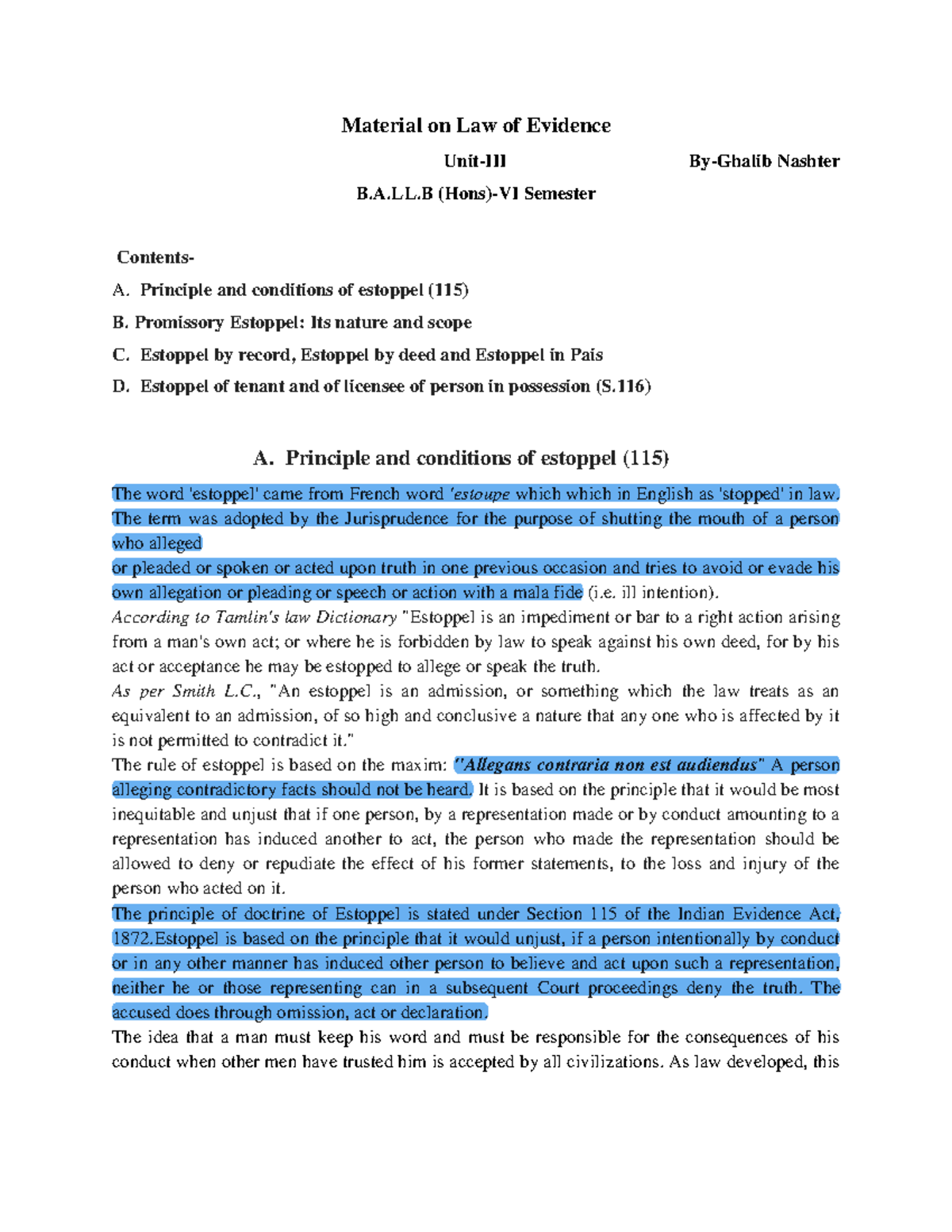 B.A.LL.B (Hons) VI Sem - Estoppel Doctrine: Principles & Applications ...