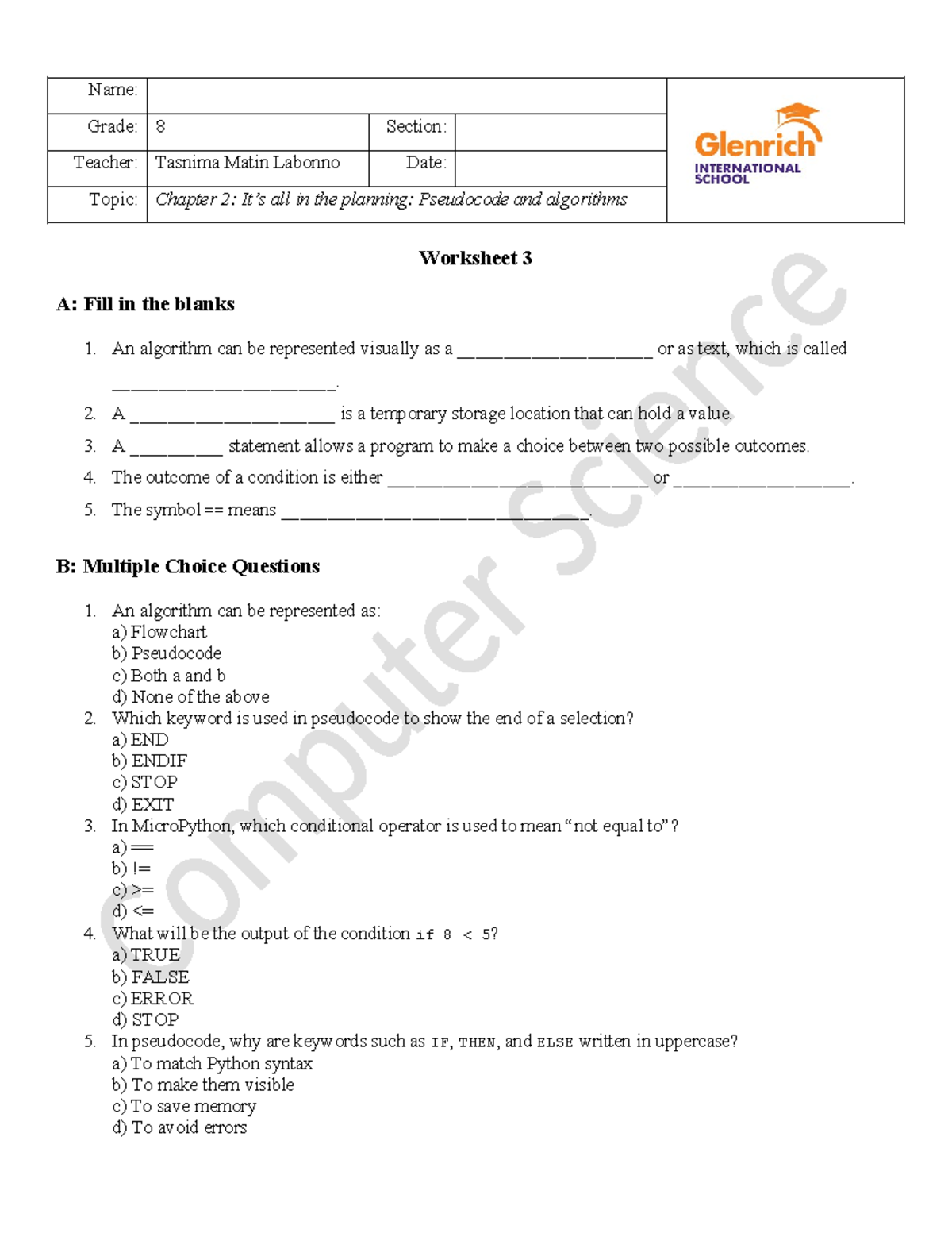 G8 CS Chapter 2: Pseudocode & Algorithms Worksheet 3 - Studocu