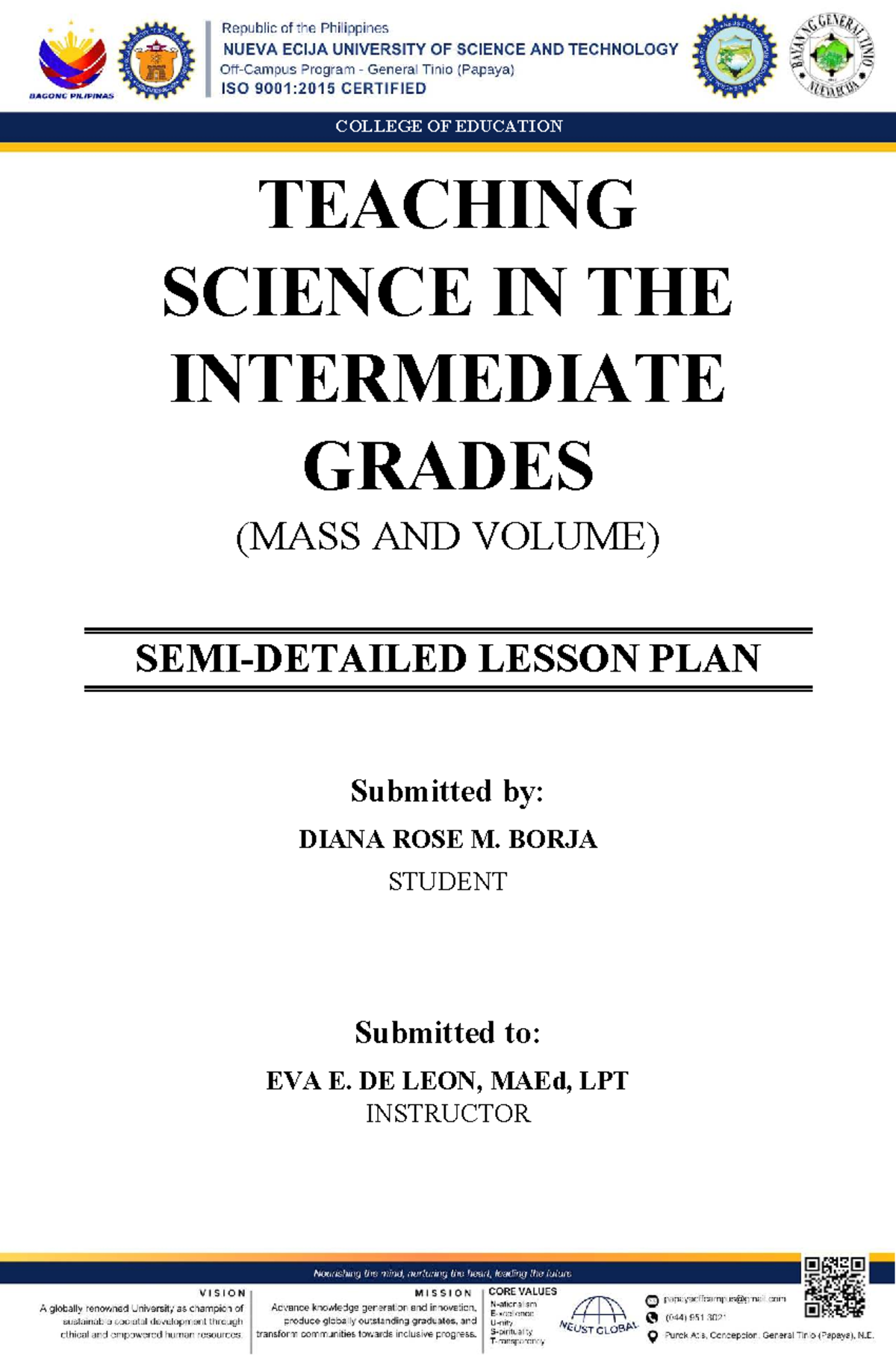 SEMI-Detailed Lesson Plan on Mass and Volume (EDUC 101) - Studocu
