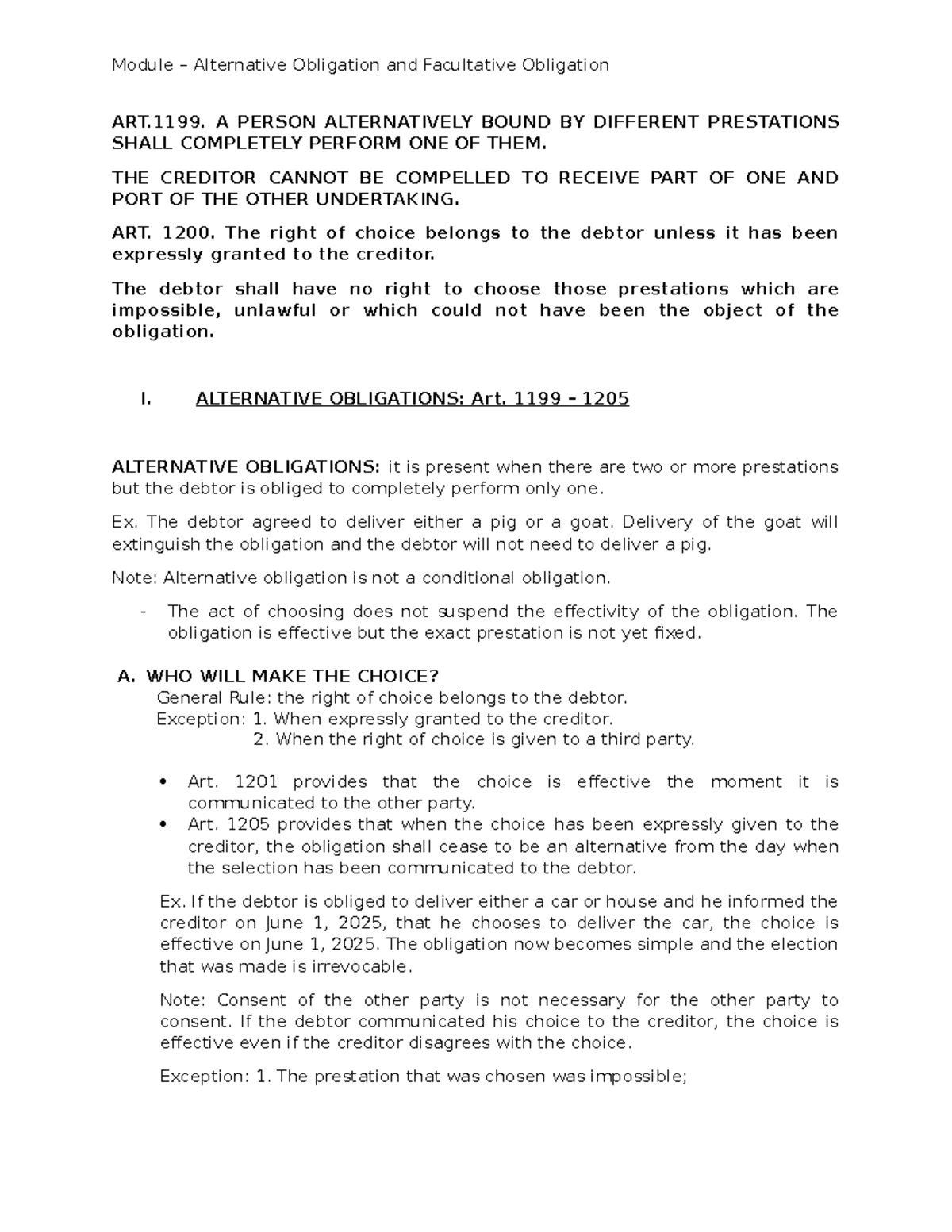 Module on Alternative and Facultative Obligations: Key Concepts and ...