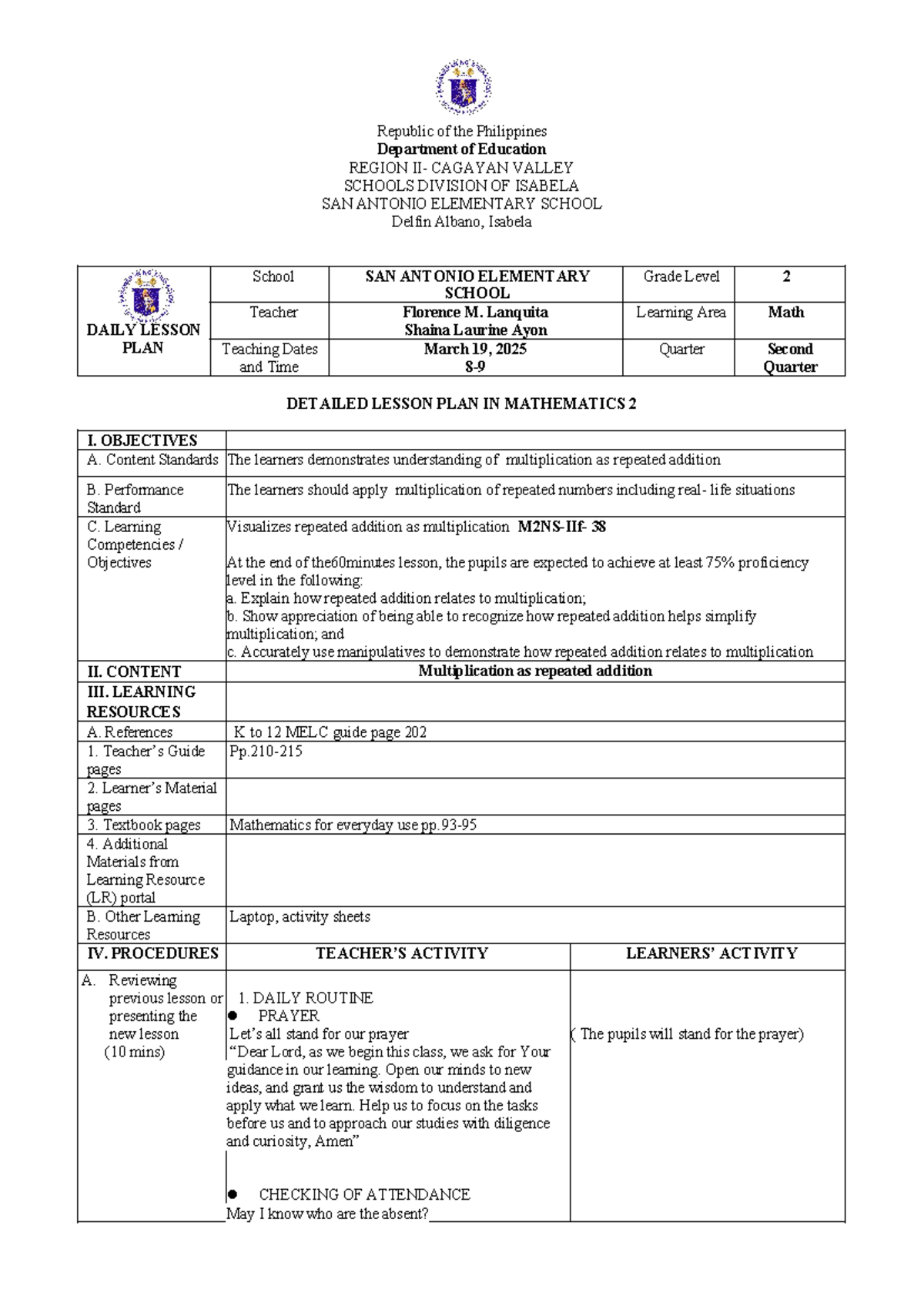 MATH2-DLP-G9: Detailed Daily Lesson Plan on Multiplication for Grade 2 ...