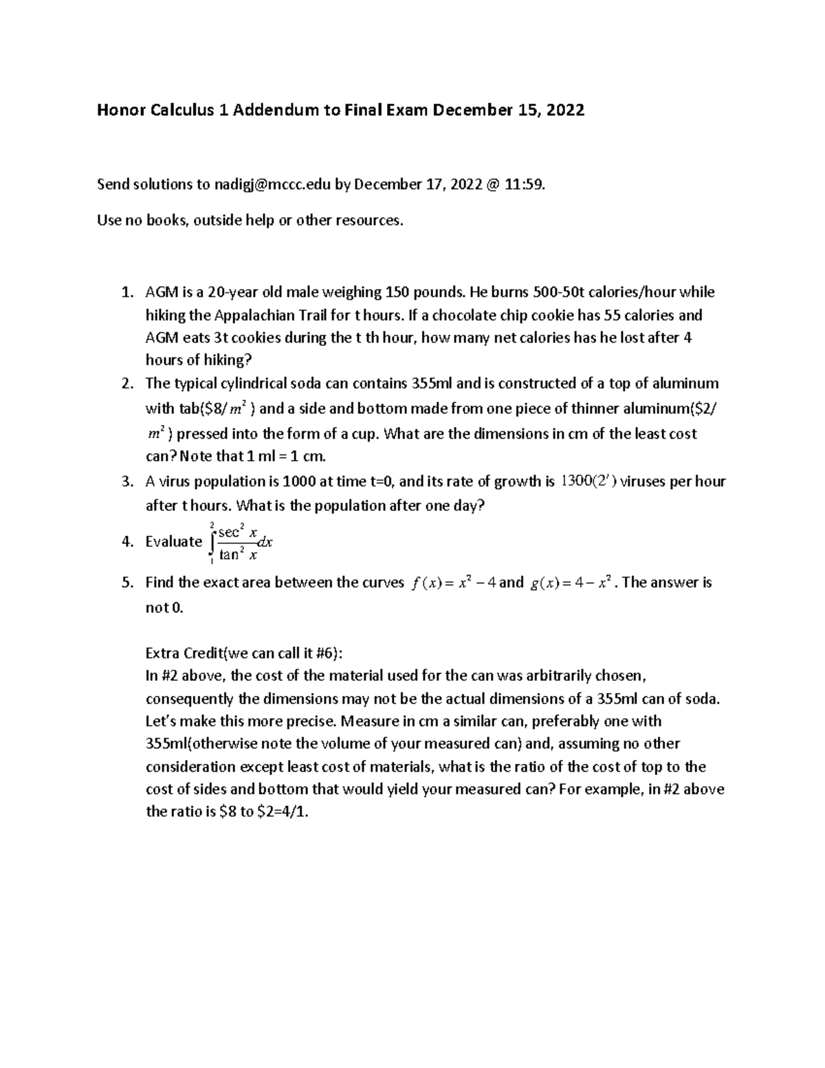 Honor Calculus 1 Final Exam Addendum - Solutions & Problems - Studocu