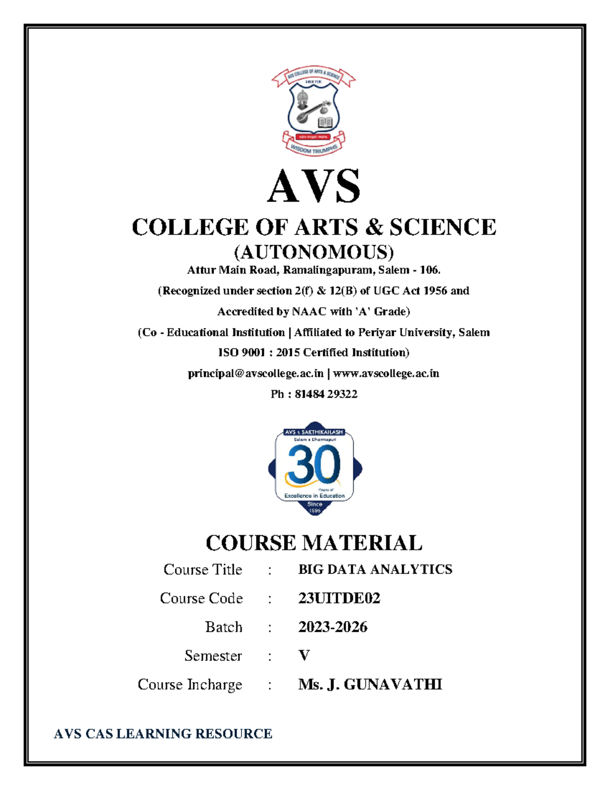 Big Data Analytics Course Material (23UITDE02) - Semester V Overview ...