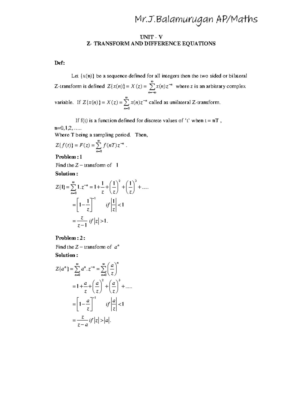 MA1201-TPDE – Unit 5: Z-Transform Full Notes - Studocu