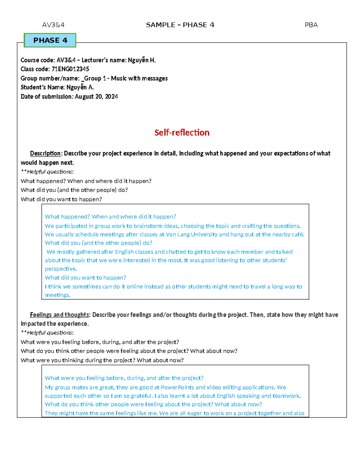Anh văn 34 Sample PBA Manual - Phase 4 - Self-Reflection - AV3&4 SAMPLE ...