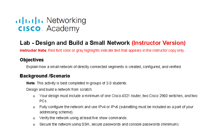 17.8.1 Lab - Design & Build a Small Network (Instructor Version) - Studocu