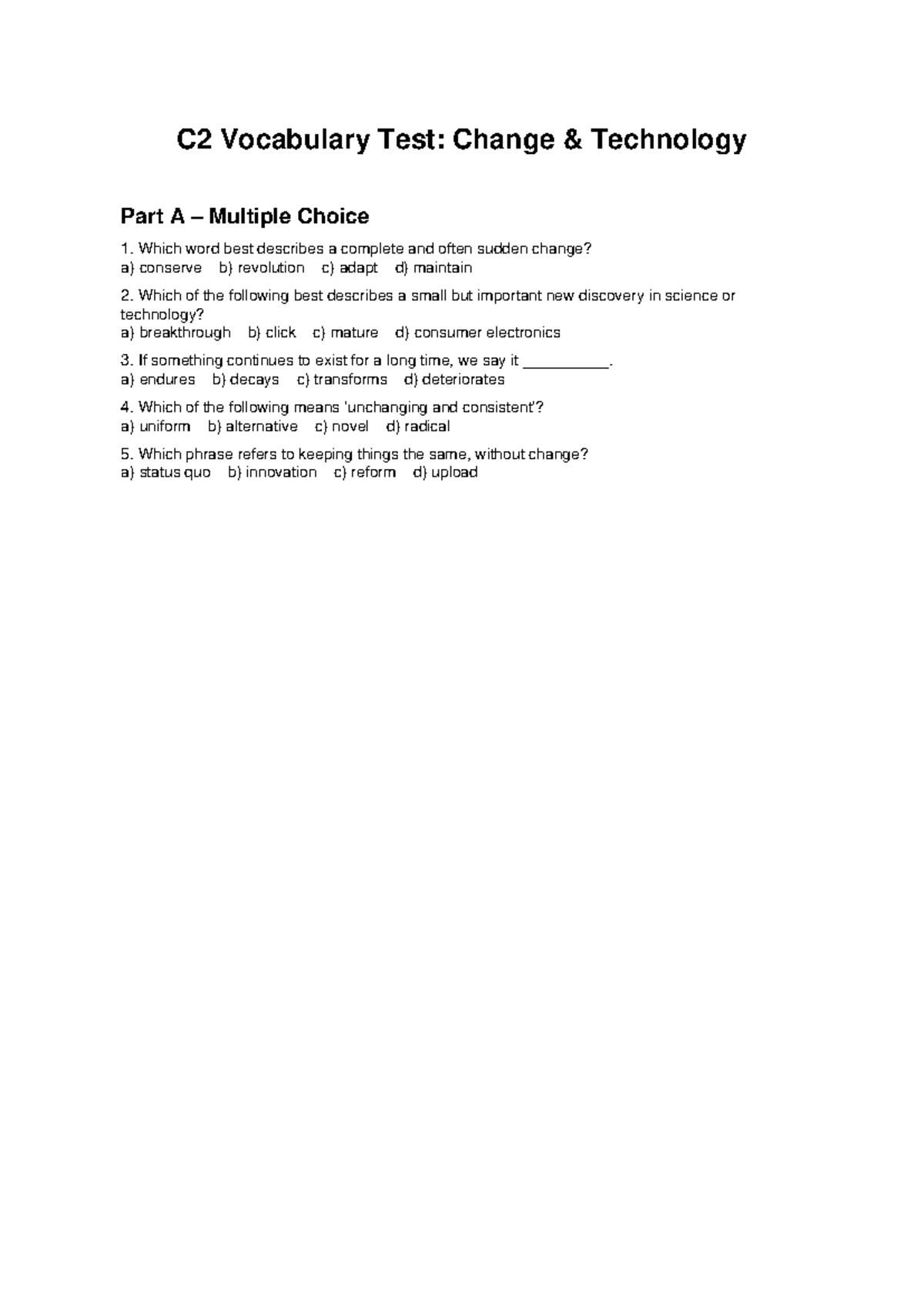 C2 Vocabulary Test: Change Technology - Multiple Choice & Critical ...