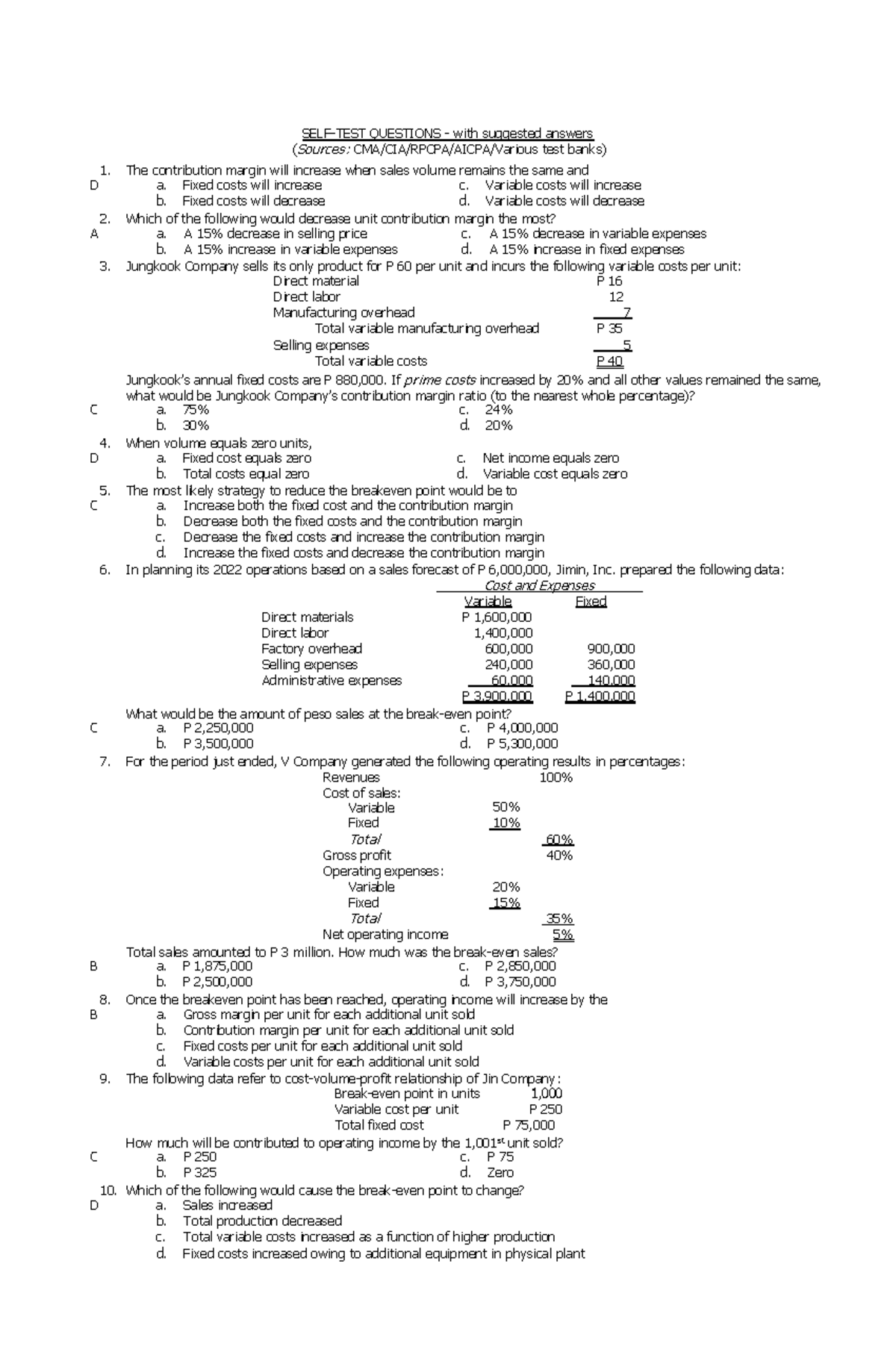 CMA 2023 Cost Volume Profit Analysis Self-Test Questions & Answers ...