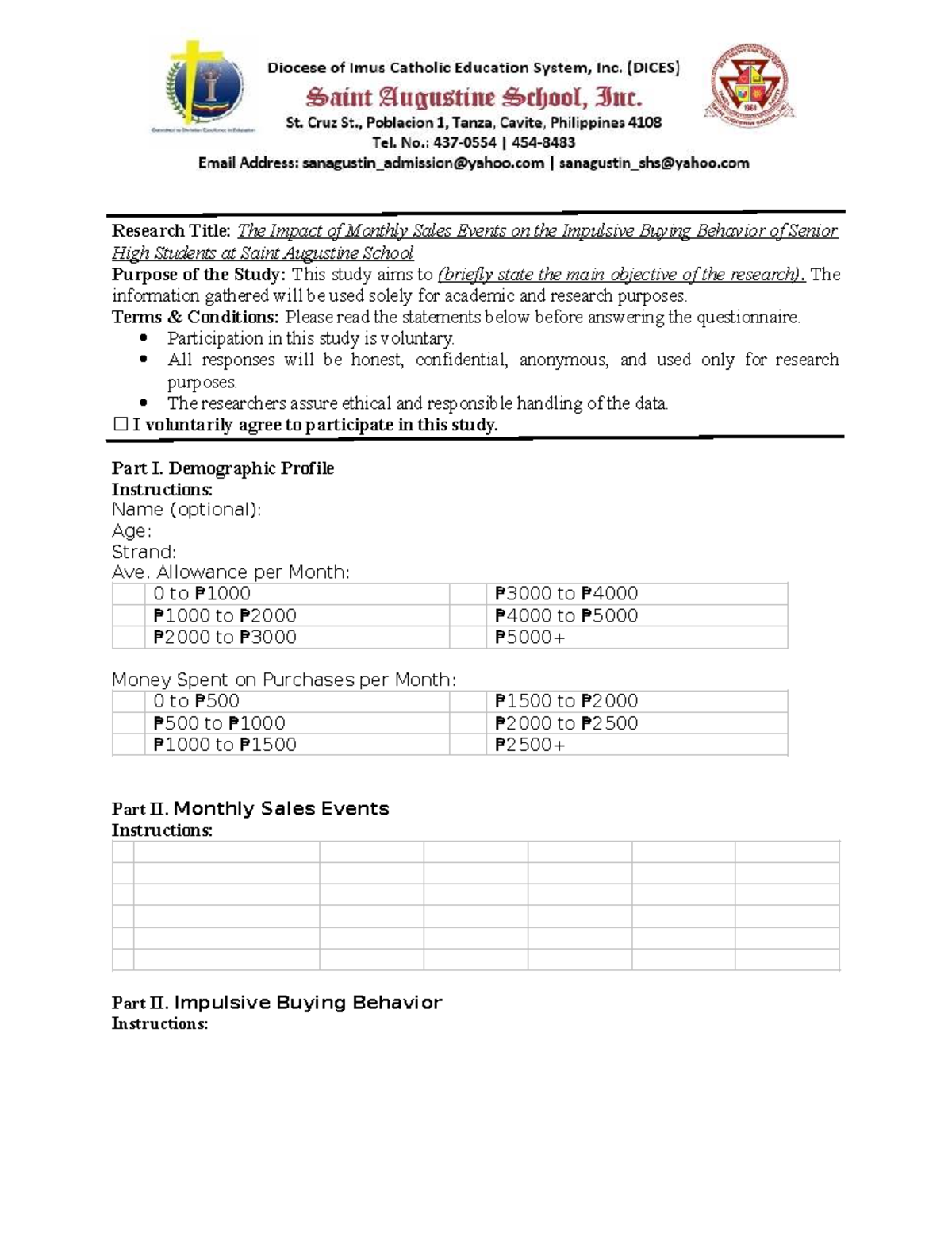 Research Questionnaire: Impulsive Buying Behavior of SHS Students - Studocu