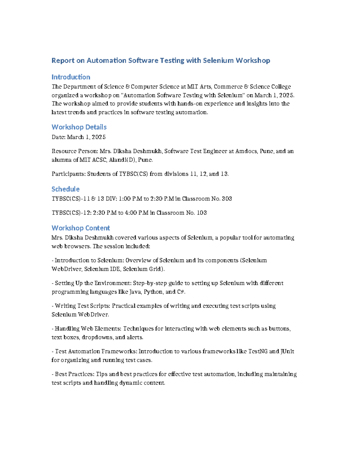 Automation Testing Workshop Report - TYBSC(CS) Insights on Selenium ...