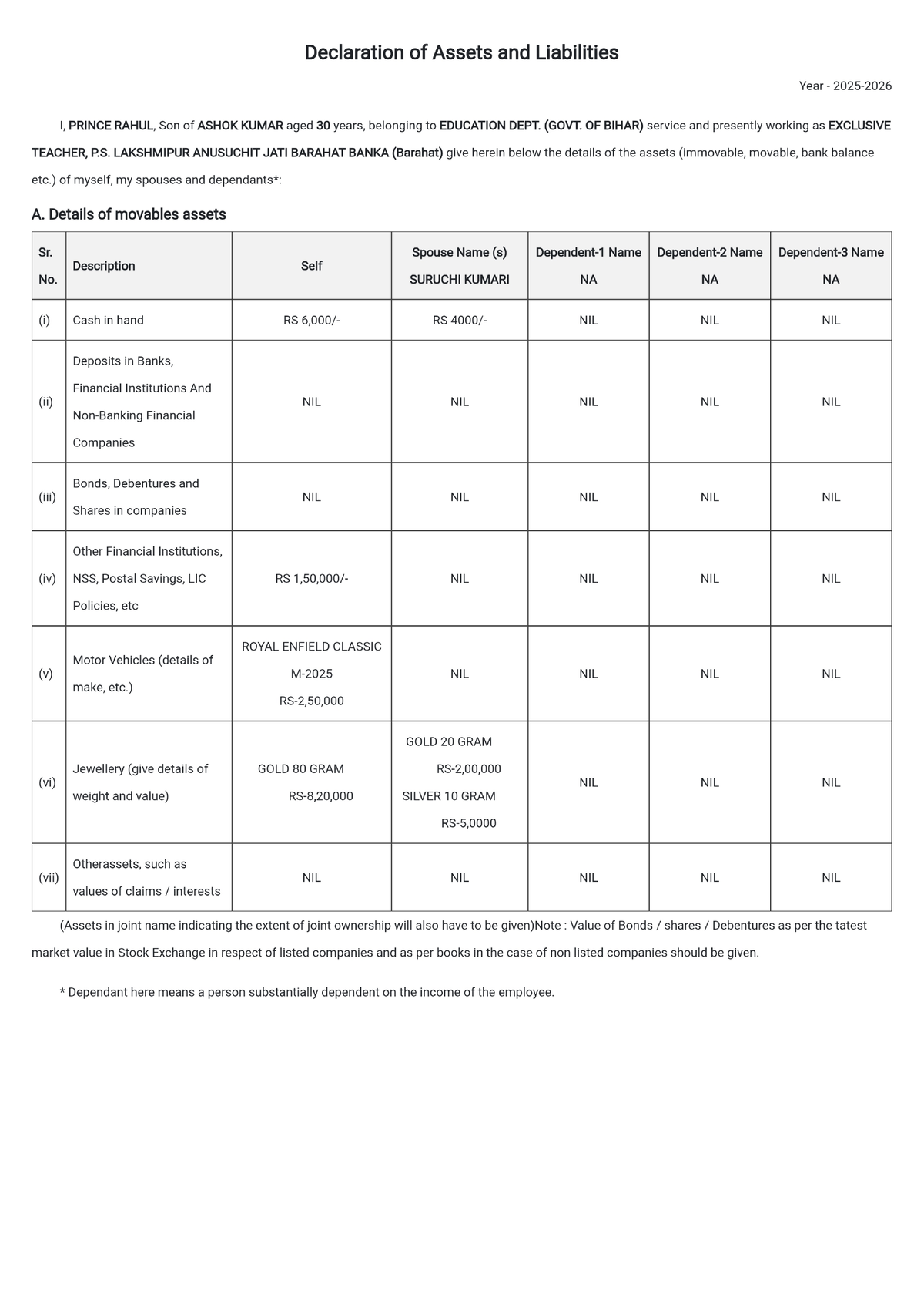 Assets and Liabilities Declaration Form - Year I - Studocu