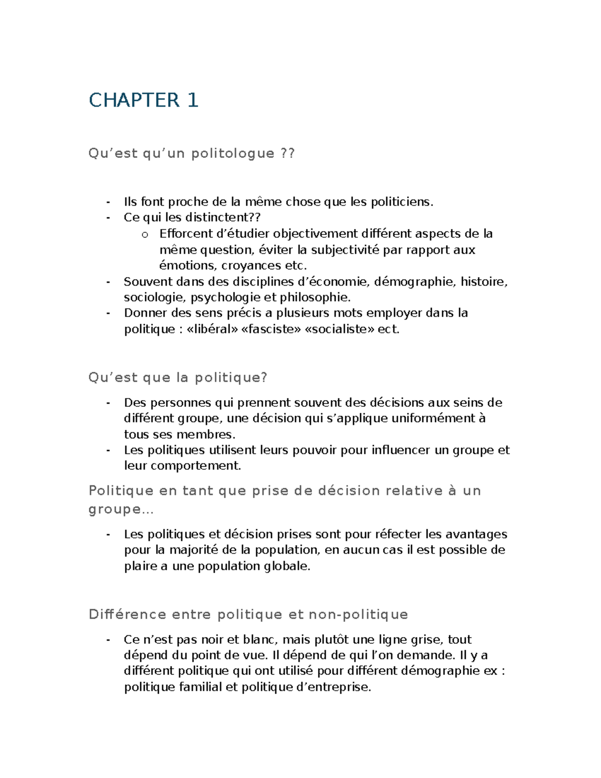 Lecture des notes de science politique - Chapitres 1 à 7 - Studocu