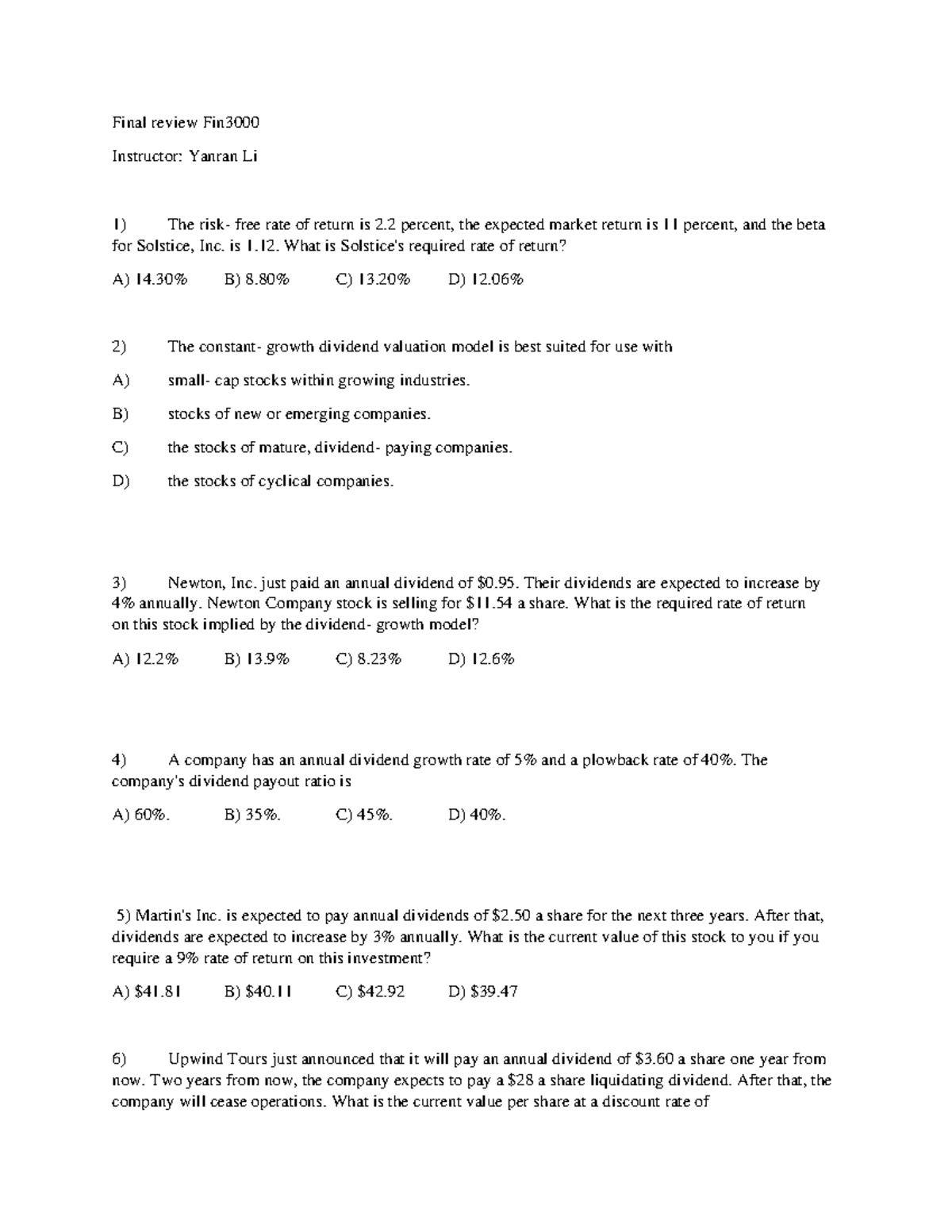 Final Review Practice Questions for Finance 101 - Studocu
