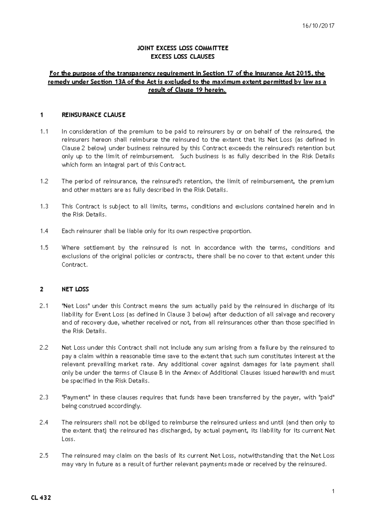 CL432 - Joint Excess Loss Committee Reinsurance Clauses Summary - Studocu