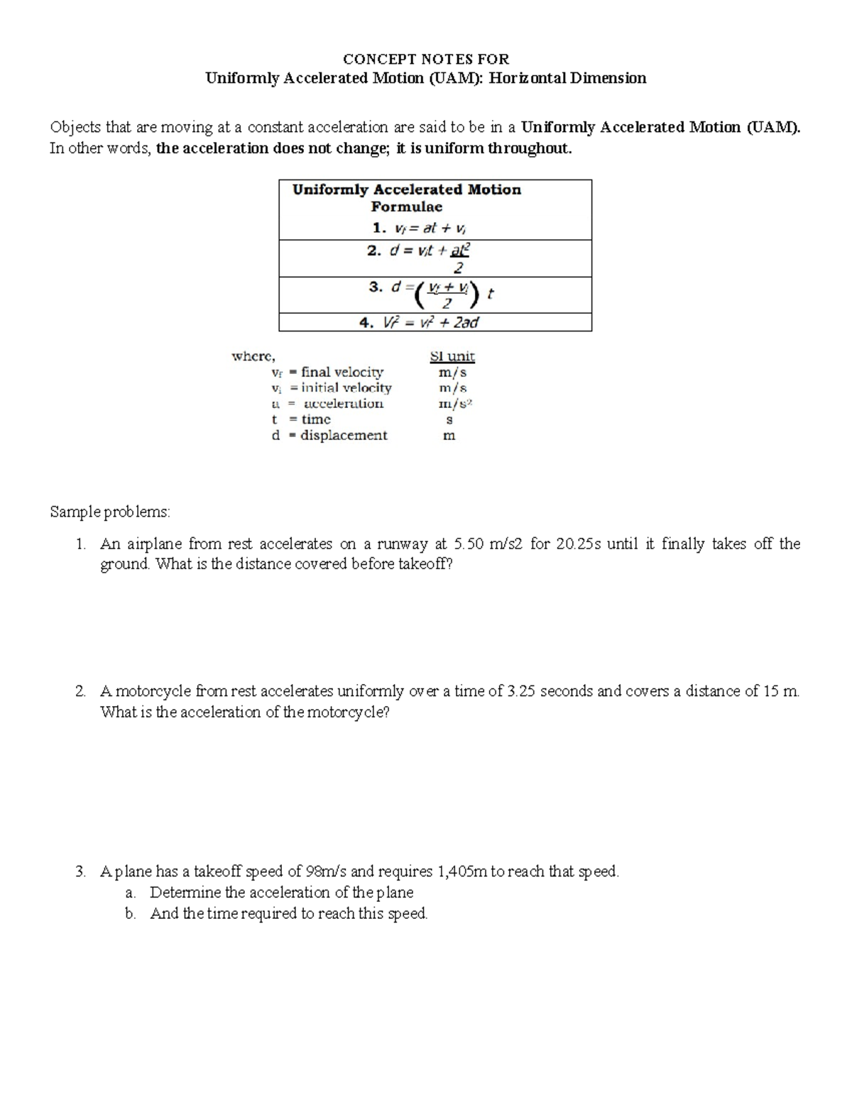 Concept Notes FOR D1 - CONCEPT NOTES FOR Uniformly Accelerated Motion ...