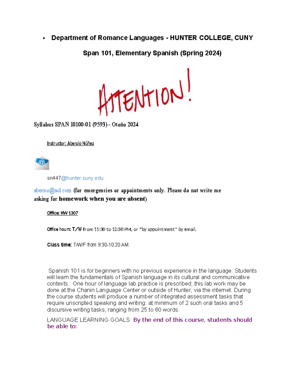 Syllabus SPAN 101-01: Elementary Spanish Course - Spring 2024 - Studocu