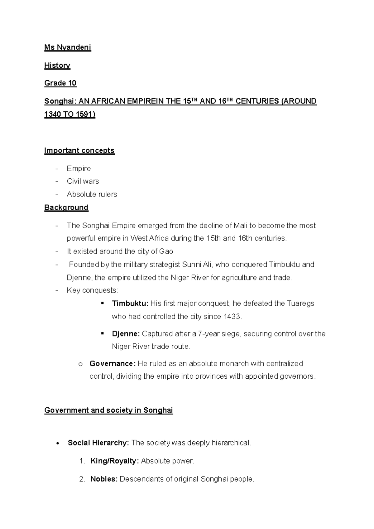 Grade 10 History: The Rise and Fall of the Songhai Empire (1340-1591 ...