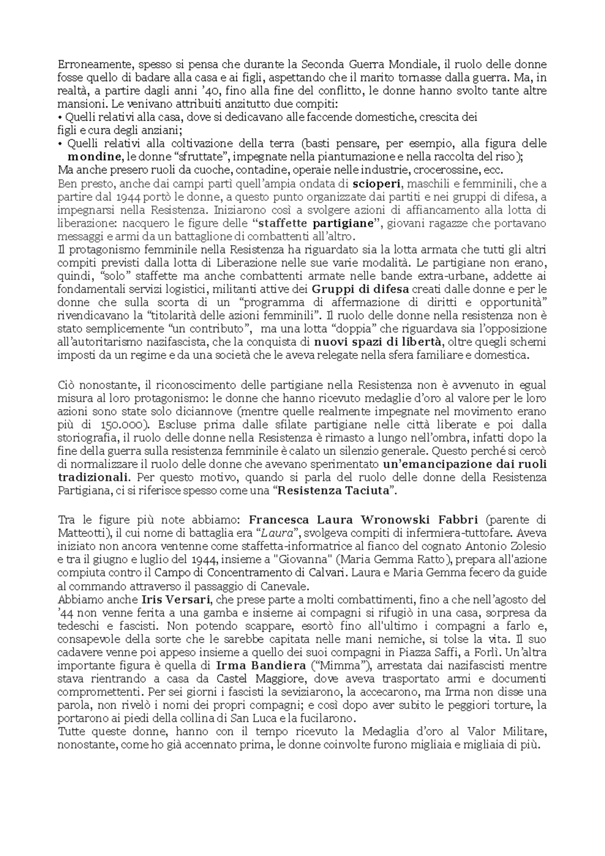 Ruolo delle Donne nella Resistenza Partigiana durante la WWII - Studocu