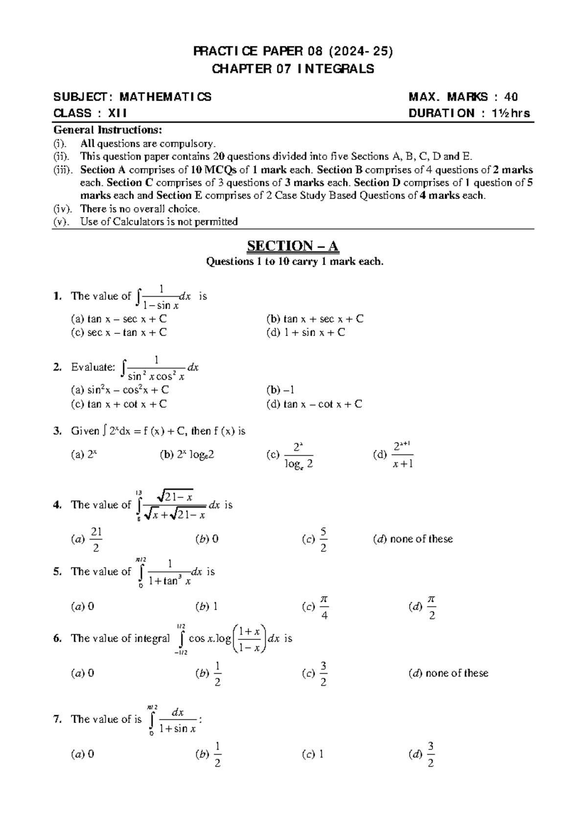 Maths XII Chapter 07: Integrals Practice Paper 08 - 2024 - Studocu