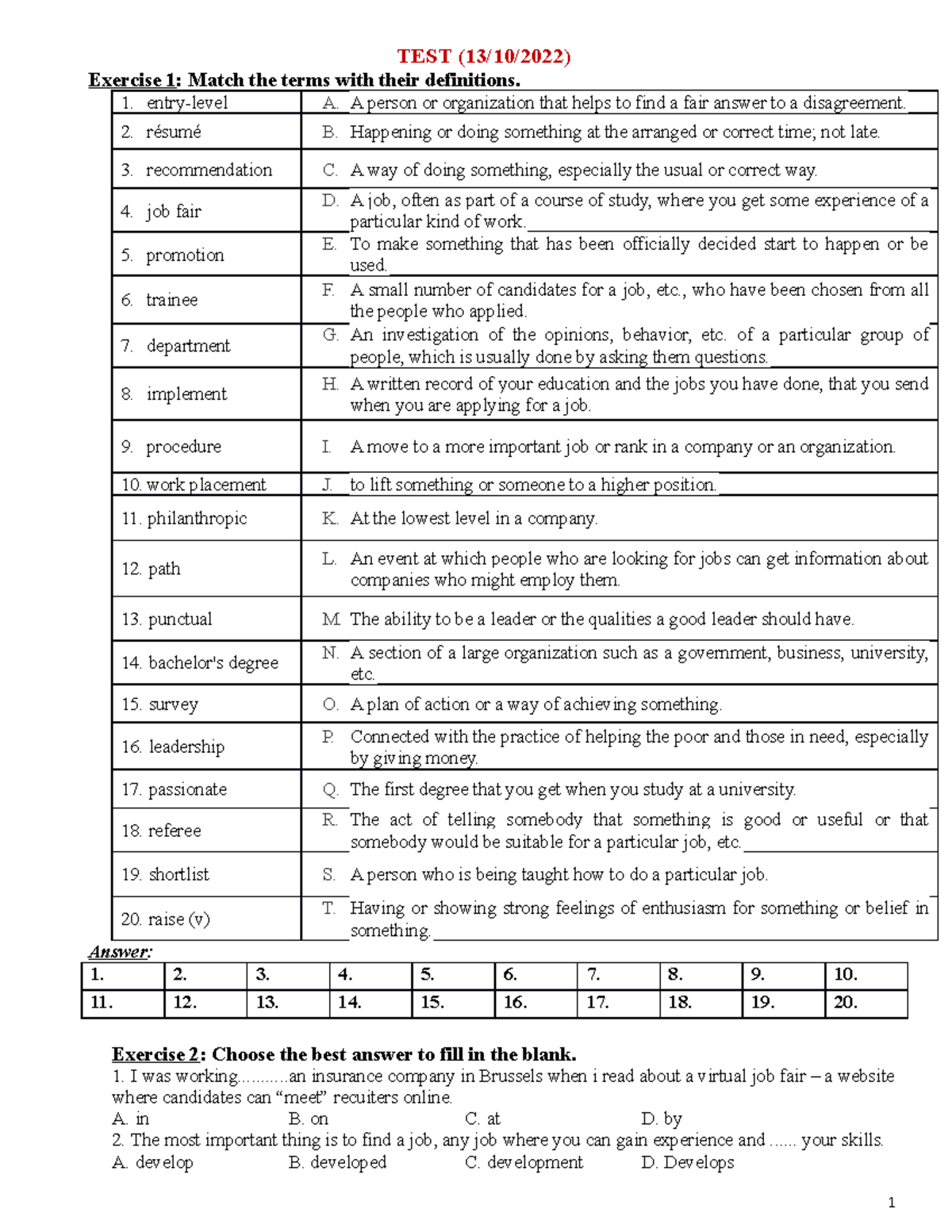Group Test 3 - Vocabulary and Interview Preparation Exercises (13/10 ...