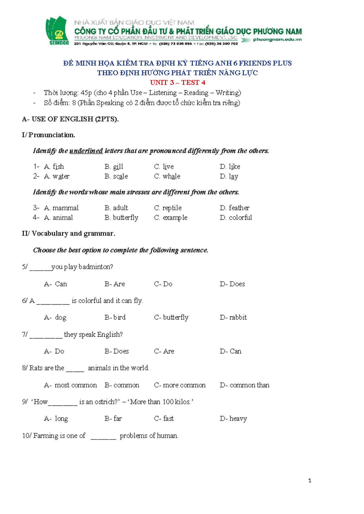ĐỀ KIỂM TRA ĐỊNH KỲ TIẾNG ANH 6 FRIENDS PLUS UNIT 3 TEST 4 - Studocu