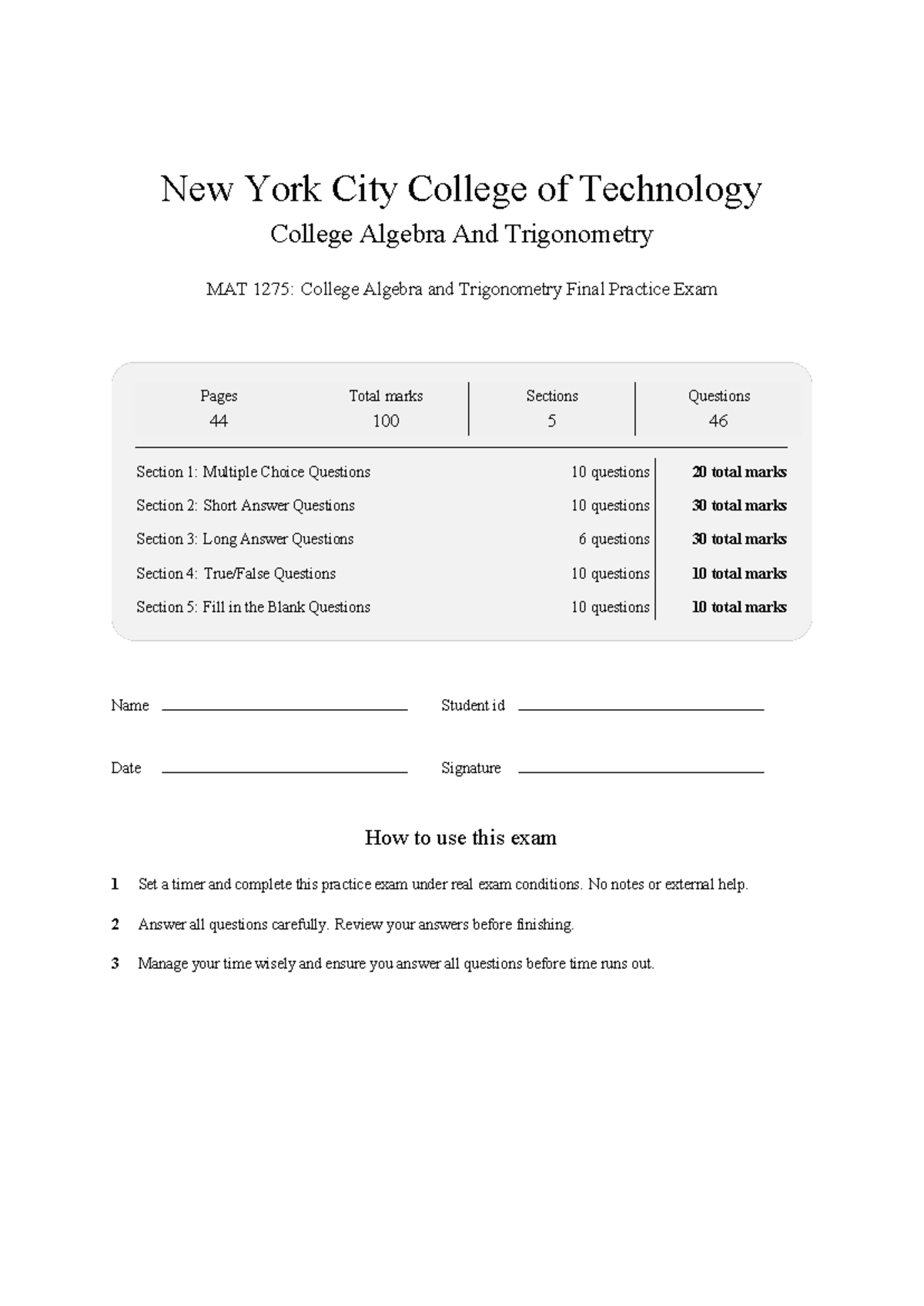 MAT 1275 College Algebra & Trigonometry Final Practice Exam 2026 - Studocu