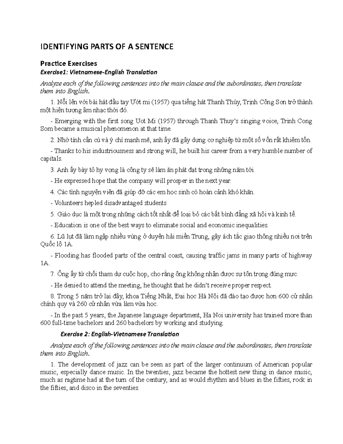 Practice exercises - IDENTIFYING PARTS OF A SENTENCE Practice Exercises ...
